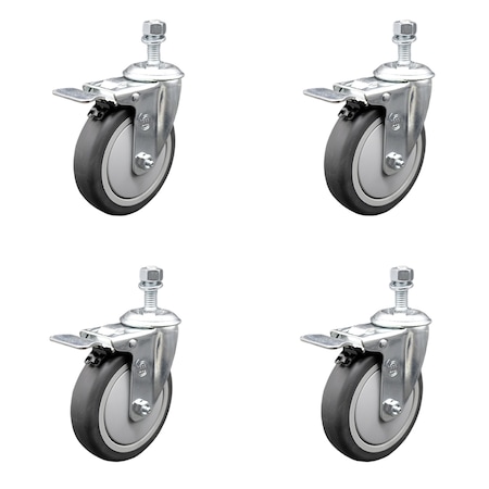 Service Caster 5 Inch SS Thermoplastic Rubber 1/2 Inch Threaded Stem Caster Set Total Lock Brake SCC-SSTSTTL20S514-TPRB-M1215-4